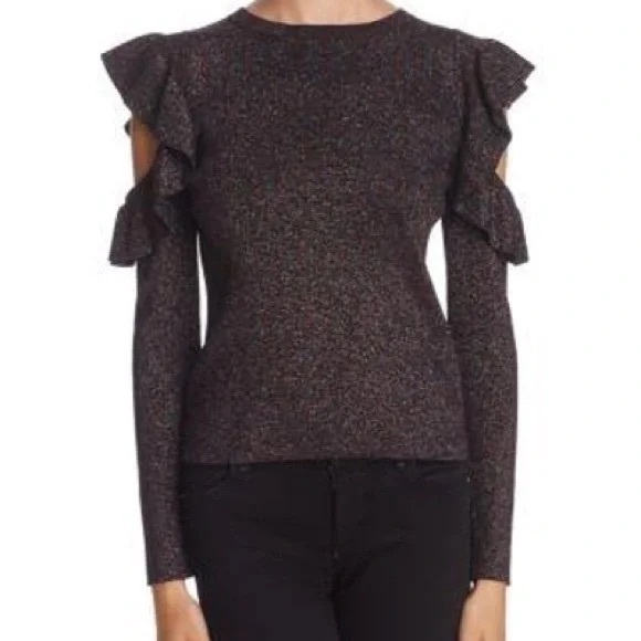 Sunset + Spring Metallic Ruffed Cold Shoulder Sweater Top - Picture 7 of 7